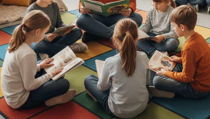 Groupe d'élève en atelier de lecture