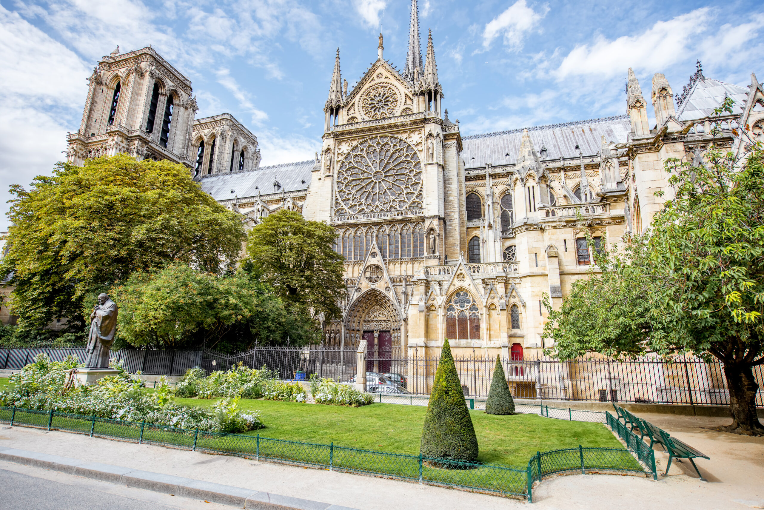 Side view on the Notre Dame church during the sunny weather in Paris